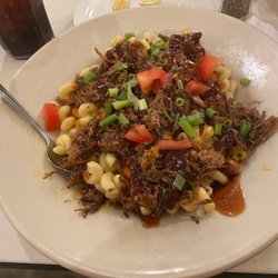 The pork a roni wow the briskest was good and moist not dry and the pasta was made with love that cheese sauce top notch