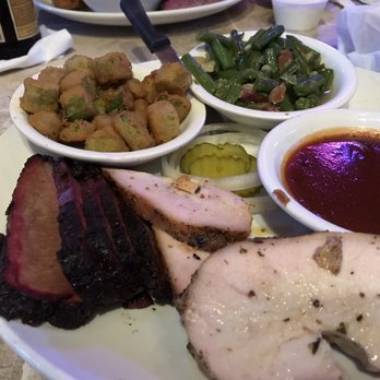 T-Bone Tom's - 2 meat plate special, lean brisket, turkey, green beans, okra & their outstanding homemade BBQ sauce. - Barbeque Near Me - Kemah, Texas T-Bone Tom's - 2 meat plate special, lean brisket, turkey, green beans, okra & their outstanding homemade BBQ sauce. - Barbeque Near Me - Kemah, Texas