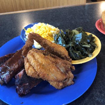 Dixie Bones BBQ - Combination Platter - Catfish, Spare Ribs, Collard Greens, Mac & Cheese, and Cornbread - Barbeque Near Me - Woodbridge, Virginia