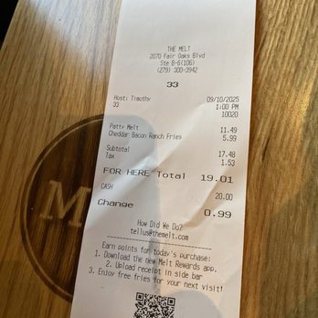 The Melt - Bill for 1 person - Burgers Near Me - Sacramento, California The Melt - Bill for 1 person - Burgers Near Me - Sacramento, California