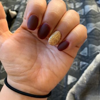 Red Carpet Salon - Matte dark red acrylic with gold acrylic - Nail Salons Near Me - Capitola, California