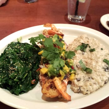 Mezza Grille - Herb crusted salmon with shrimp and mushroom risotto. - Mediterranean Near Me - Houston, Texas