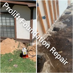 A+ Prolift Foundation Repair and Drainage Systems - Slab Foundation Repair. Interior holes broken out and filled with concrete piling piers, steel shims, releveled and concreted back.