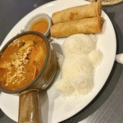 Thai Mint - Musman curry with pork serves with rice and egg rolls. (Curry of the day -lunch menu)