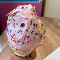Daddy's Dairy - Black raspberry chip actually has chocolate chips in it and you can get any topping this is a regular.