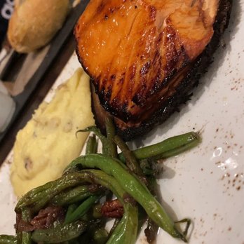 J Gilbert's - Maple fire glazed salmon w/mashed potatoes & green beans with caramelized pecans. - Bars Near Me - Omaha, Nebraska J Gilbert's - Maple fire glazed salmon w/mashed potatoes & green beans with caramelized pecans. - Bars Near Me - Omaha, Nebraska