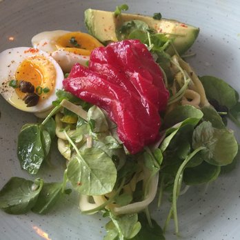 Two Hands - Smoked beet salmon, egg and zucchini noodles - Breakfast & Brunch Near Me - New York, New York Two Hands - Smoked beet salmon, egg and zucchini noodles - Breakfast & Brunch Near Me - New York, New York