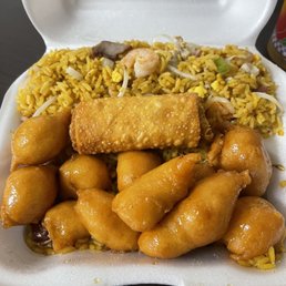 a styrofoam container filled with rice and fried tofu a styrofoam container filled with rice and fried tofu