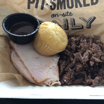 Dickey's Barbecue Pit - 2 Meat Plate Brisket and turkey cornbread but only one ounce of bbq sauce - Barbeque Near Me - Commerce Township, Michigan
