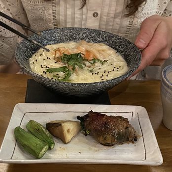 Shinya Shokudo - Okura, Eringi, Wagyu Sukiyaki, and bowl of creamy udon noodle! Mmmmm - Izakaya Near Me - Seattle, Washington