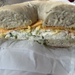 Sam I Am Bagels - Spinach bagel with egg and cheese and scallion cream cheese. Very tasty! Quick service.