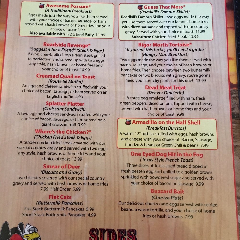 The Roadkill Cafe - Main menu.. - American Near Me - Seligman, Arizona The Roadkill Cafe - Main menu.. - American Near Me - Seligman, Arizona