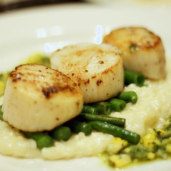 Bazille at Nordstrom - Perfectly seared scallops with a delicious combo of creamy couscous/rice and pesto - New American Near Me - Thousand Oaks, California Bazille at Nordstrom - Perfectly seared scallops with a delicious combo of creamy couscous/rice and pesto - New American Near Me - Thousand Oaks, California