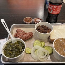 Two Meat Plate Chopped brisket Sausage Brisket beans Collard greens
