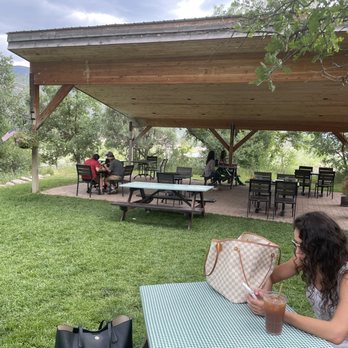 James Ranch Market - Outdoor dining area - A woman with curly hair and glasses is seated at a table outdoors, looking at her phone. She has a large checkered handbag on the table and a glass of iced beverage. In the background, there is a covered patio area with several empty tables and chairs, surrounded by trees and greenery. The scene appears to be at a park or outdoor dining area. - Farmers Market Near Me - Durango, Colorado