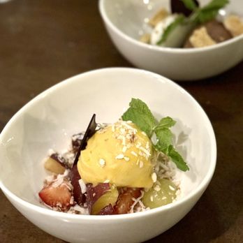 First & Oak - Tasting menu - course 5: Passionfruit gelato over fruit - New American Near Me - Solvang, California First & Oak - Tasting menu - course 5: Passionfruit gelato over fruit - New American Near Me - Solvang, California