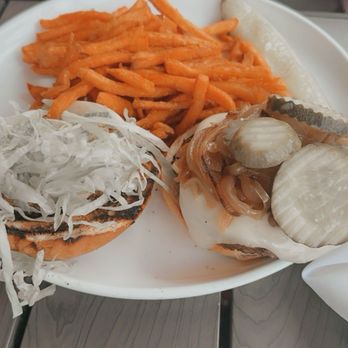 Spotted Horse Tavern - The barn burger with caramelized onions, pickles with sweet potato fries - New American Near Me - Westport, Connecticut Spotted Horse Tavern - The barn burger with caramelized onions, pickles with sweet potato fries - New American Near Me - Westport, Connecticut