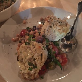 Roost - Not your typical crab cakes but they were delicious! Especially with the chickpeas at the bottom. - New American Near Me - Houston, Texas Roost - Not your typical crab cakes but they were delicious! Especially with the chickpeas at the bottom. - New American Near Me - Houston, Texas
