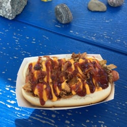 Andys' Roadside Dive - Pig dog with pulled pork, bacon, cheese