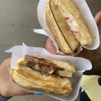 Lighthouse Ice Cream - Hot waffle ice cream sandwiches!! Rocky road in mine and I think my bf got strawberry cheesecake - Ice Cream & Frozen Yogurt Near Me - San Diego, California