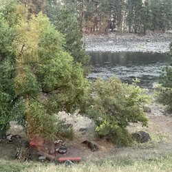 Riverview Motel - View from our room. Fire pit, swing & river full of nice fish.