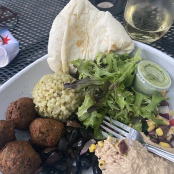 Pinched on the River - Falafel, couscous, hummus, pita, olives and corn salsa! Delish - Mediterranean Near Me - Chicago, Illinois