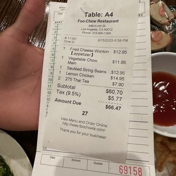 Foo Chow Restaurant - Total bill for the entire meal that was shared between 2 people. - Chinese Near Me - Los Angeles, California