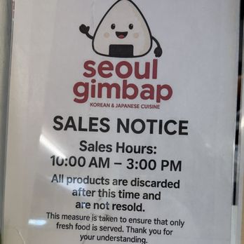 Seoul Gimbap - A printed sales notice for Seoul Gimbap, a Korean and Japanese cuisine business, displaying sales hours from 10:00 AM to 3:00 PM and a cartoon onigiri logo. - Food Delivery Services Near Me - Albuquerque, New Mexico