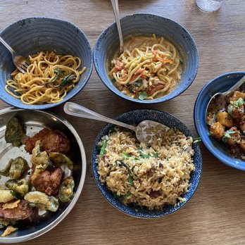 Gai Noi - (Clockwise) Peanut Noodle, Fried Tofu, Pork Fried Rice, Basil Wings, & Panang Spaghetti - Desserts Near Me - Minneapolis, Minnesota Gai Noi - (Clockwise) Peanut Noodle, Fried Tofu, Pork Fried Rice, Basil Wings, & Panang Spaghetti - Desserts Near Me - Minneapolis, Minnesota