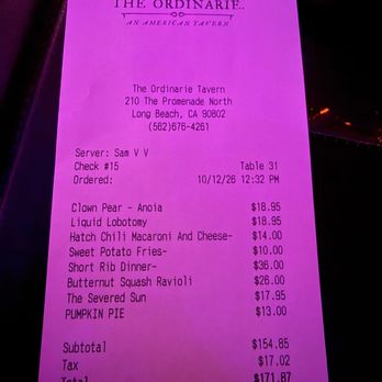 The Ordinarie - Our bill - Cocktail Bars Near Me - Long Beach, California