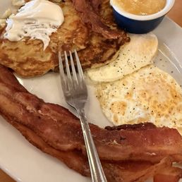 Potato pancakes with Bacon and eggs.