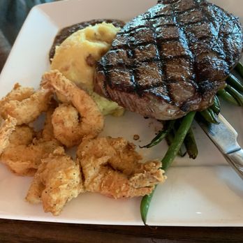 Cobalt - 9 oz. Ribeye and Fried Shrimp with House-made Mashed Potatoes and Brown Butter Green Beans - Seafood Near Me - Orange Beach, Alabama Cobalt - 9 oz. Ribeye and Fried Shrimp with House-made Mashed Potatoes and Brown Butter Green Beans - Seafood Near Me - Orange Beach, Alabama
