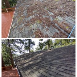 Extraordinary Exteriors - Before and after for a roof cleaning and debris removal. We're proud of the result!