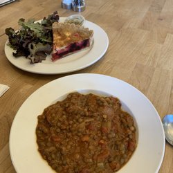 Harvest Barn - Lentil and sausage soup Beer, goat cheese, onion quiche w greens