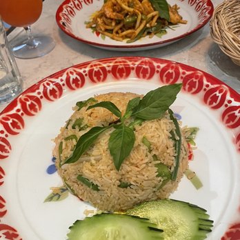 Amy Thai Bistro - Shrimp Basil Fried Rice (front); Shrimp Basil Udon (back) - Thai Near Me - Brooklyn, New York