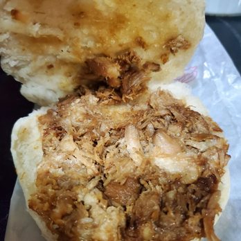 Splendid Noodle - Inside of Chinese pork burger (rou jia mo). Delicious savory stewed pork. Eat one with your soup. Very good. - Noodles Near Me - Stony Brook, New York