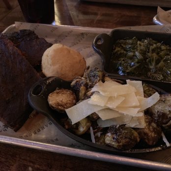 Red Rock Downtown BBQ - Smoked ribs, Brussels sprouts, collard greens and corn bread muffin. - Barbeque Near Me - Ypsilanti, Michigan Red Rock Downtown BBQ - Smoked ribs, Brussels sprouts, collard greens and corn bread muffin. - Barbeque Near Me - Ypsilanti, Michigan