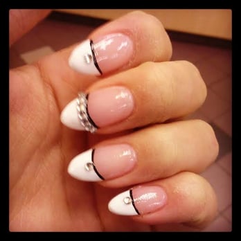 Ruby's Nail Salon & Spa - French tip stiletto acrylics with black accent line and rhinestones! - Nail Salons Near Me - Boston, Massachusetts