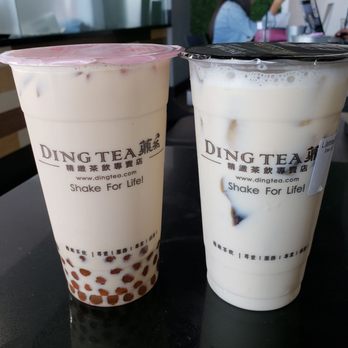 Ding Tea Costa Mesa - Signature with golden bobs on the left. Jasmine with grass jelly on the right - Bubble Tea Near Me - Costa Mesa, California