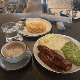 BYOB - build your own breakfast with eggs, bacon, avocado and a blueberry pancake.