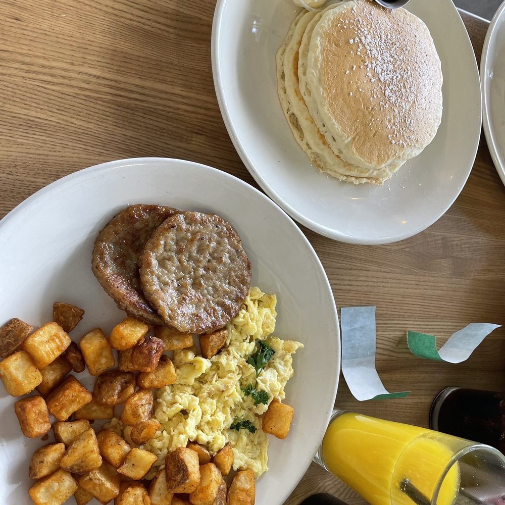 Flips Pancake House - The Classic Breakfast with sausage and pancakes. - Burgers Near Me - Bettendorf, Iowa Flips Pancake House - The Classic Breakfast with sausage and pancakes. - Burgers Near Me - Bettendorf, Iowa
