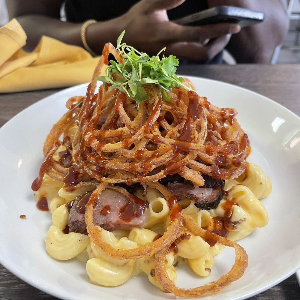 The Brunch House - Brisket with Mac and fried onions, drizzle of barbecue sauce - Breakfast & Brunch Near Me - Temecula, California The Brunch House - Brisket with Mac and fried onions, drizzle of barbecue sauce - Breakfast & Brunch Near Me - Temecula, California