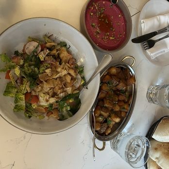 Ammatoli - Fattoush, Beet Humus, Batata Haraa, fresh baked bread - Mediterranean Near Me - Long Beach, California Ammatoli - Fattoush, Beet Humus, Batata Haraa, fresh baked bread - Mediterranean Near Me - Long Beach, California
