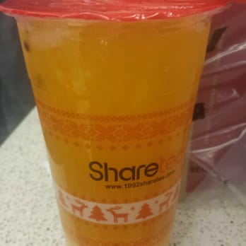 Sharetea - Mango passion fruit green tea with lychee jelly! (In a festive cup!) - Coffee & Tea Near Me - San Francisco, California