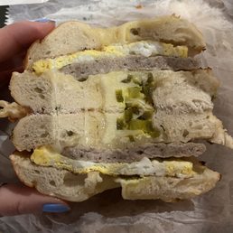 Sausage Egg and Cheese on cheddar jalapeño bagel