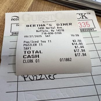 Bertha's Diner - My check. Loved the Puzzler. - Diners Near Me - Buffalo, New York