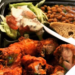 Southern fried chicken green salad vegetarian baked beans