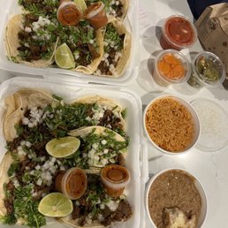 10 street tacos. 5-in one box, 5-in the other, Rice and beans, jalapeños and carrots, hot sauce and salsa 10 street tacos. 5-in one box, 5-in the other, Rice and beans, jalapeños and carrots, hot sauce and salsa