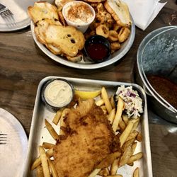 Shuckin' Shack Oyster Bar - Fish-N-Chips and Cold Crab Dip sampler.