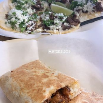 Antojos Locos - Back picture is - Beef Fajita Tacos Order Front is - Pastor Burrito (cheese, avocado and meat) - Mexican Near Me - Houston, Texas